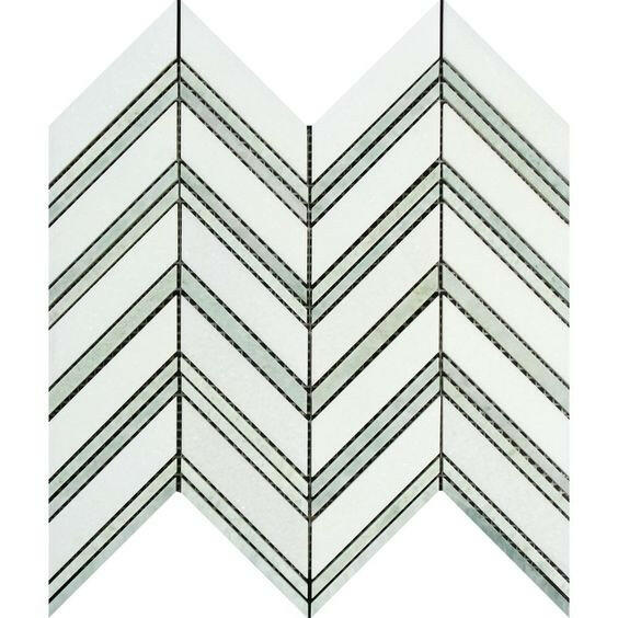 Thassos White Marble Polished Large Chevron Mosaic Tile w / Ming-Green Dots Strips-Marble Mosaic-American Tile Depot