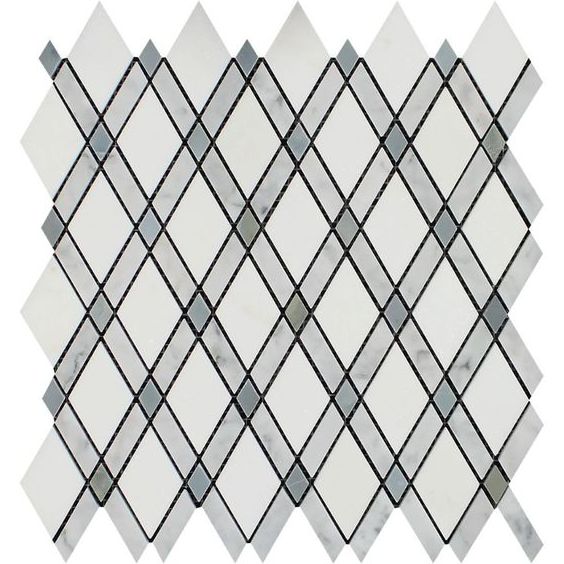 Thassos White Marble Polished Lattice Mosaic Tile w / Blue Gray Dots-Marble Mosaic-American Tile Depot