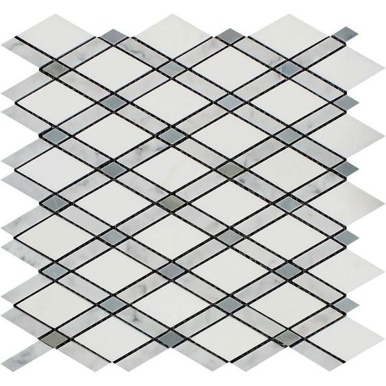 Thassos White Marble Polished Lattice Mosaic Tile w / Blue Gray Dots-Marble Mosaic-American Tile Depot