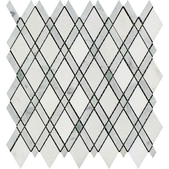 Thassos White Marble Polished Lattice Mosaic Tile w / Ming Green Dots-Marble Mosaic-American Tile Depot