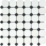 Thassos White Marble Polished Octagon Mosaic Tile w/ Black Dots-Marble Mosaic-American Tile Depot