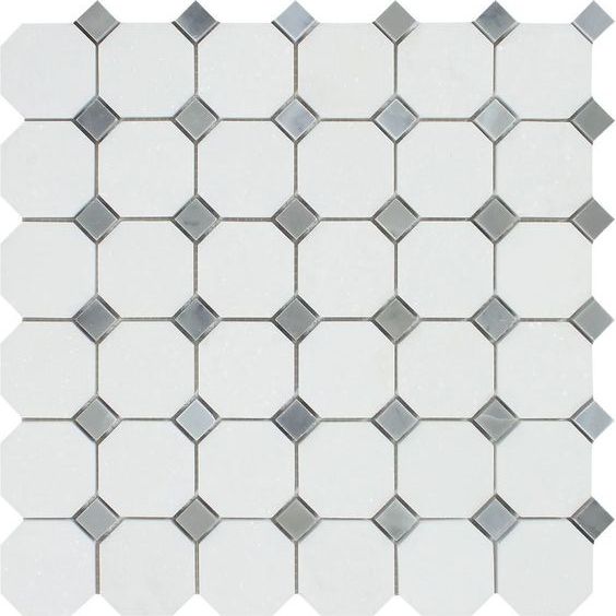 Thassos White Marble Polished Octagon Mosaic Tile w/ Blue Gray Dots-Marble Mosaic-American Tile Depot