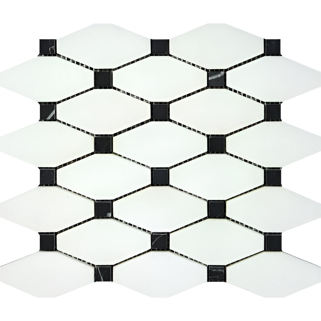 Thassos White Marble Polished Octave Pattern Mosaic Tile w/ Black Dots-Marble Mosaic-American Tile Depot