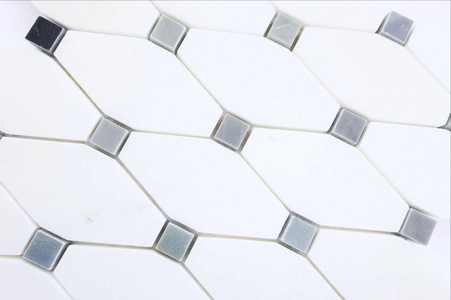 Thassos White Marble Polished Octave Pattern Mosaic Tile w/ Blue-Gray Dots-Marble Mosaic-American Tile Depot