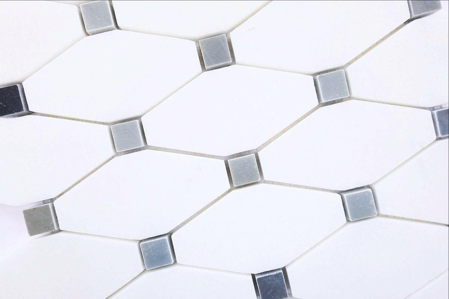 Thassos White Marble Polished Octave Pattern Mosaic Tile w/ Blue-Gray Dots-Marble Mosaic-American Tile Depot