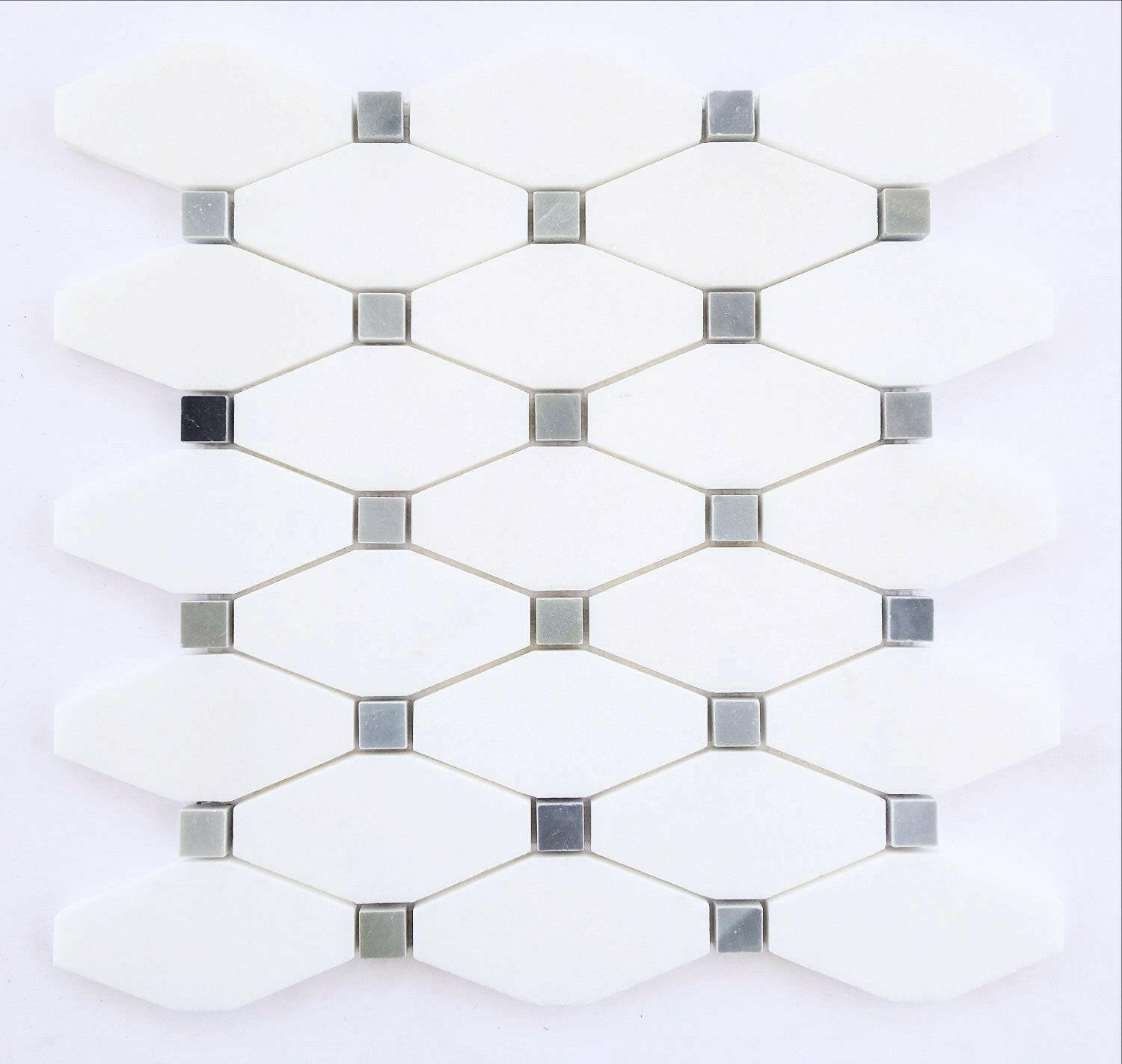 Thassos White Marble Polished Octave Pattern Mosaic Tile w/ Blue-Gray Dots-Marble Mosaic-American Tile Depot