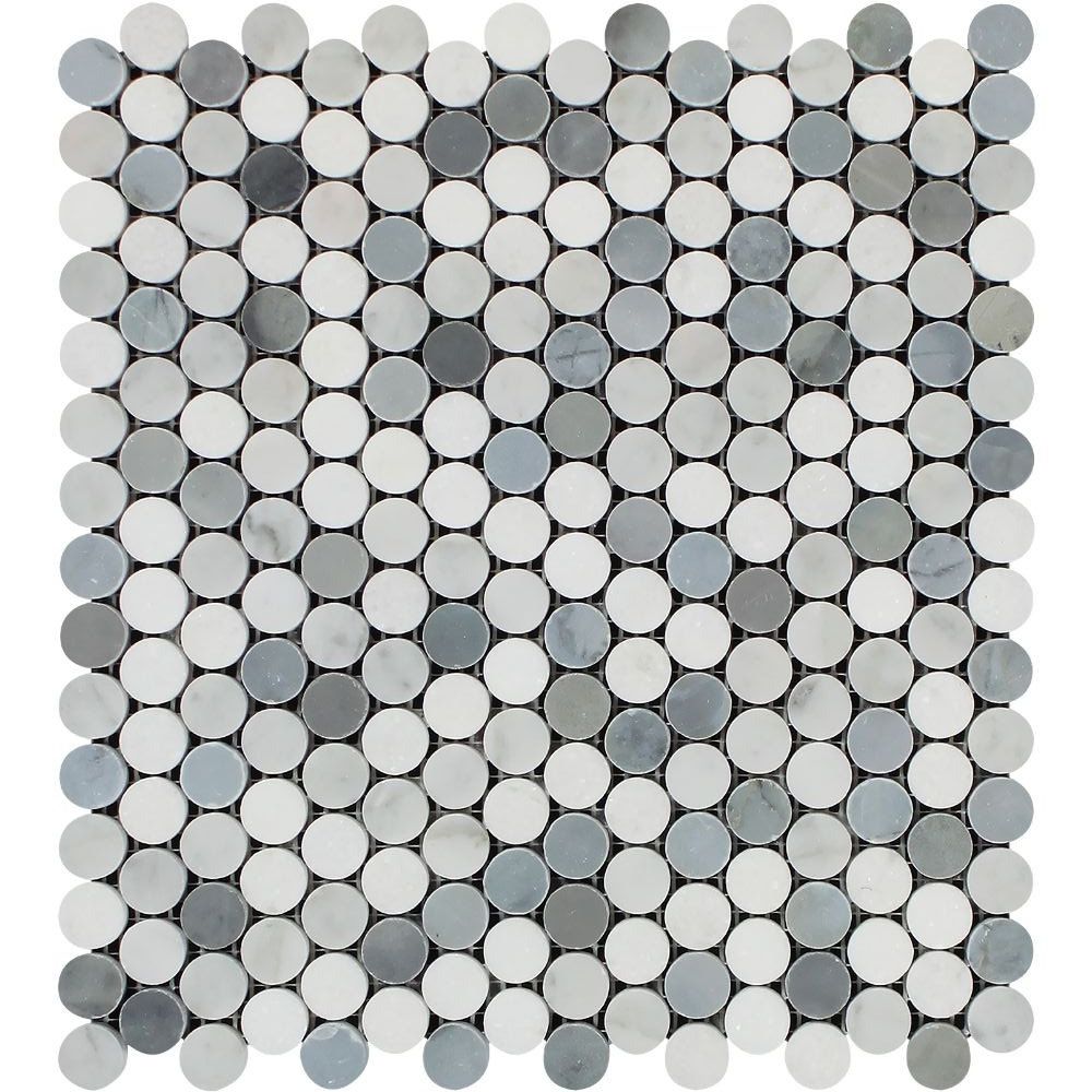 Thassos White Marble Polished Penny Round Mosaic Tile w/ Blue Gray Dots-Marble Mosaic-American Tile Depot