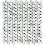 Thassos White Marble Polished Penny Round Mosaic Tile w/ Ming Green Dots-Marble Mosaic-American Tile Depot