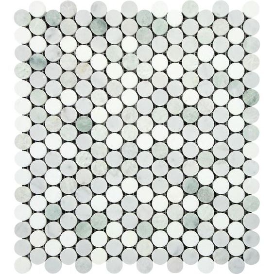 Thassos White Marble Polished Penny Round Mosaic Tile w/ Ming Green Dots-Marble Mosaic-American Tile Depot