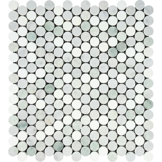 Thassos White Marble Polished Penny Round Mosaic Tile w/ Ming Green Dots-Marble Mosaic-American Tile Depot