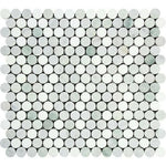 Thassos White Marble Polished Penny Round Mosaic Tile w/ Ming Green Dots-Marble Mosaic-American Tile Depot