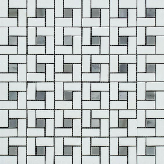 Thassos White Marble Polished Pinwheel Mosaic Tile w/ Blue-Gray Dots-Marble Mosaic-American Tile Depot