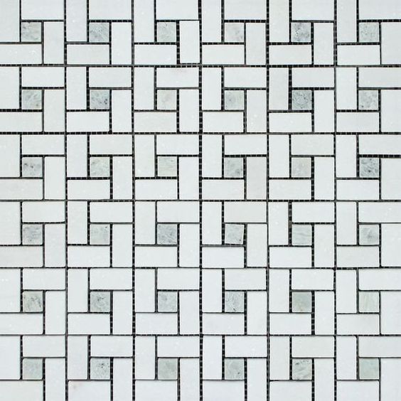 Thassos White Marble Polished Pinwheel Mosaic Tile w/ Ming-Green Dots-Marble Mosaic-American Tile Depot