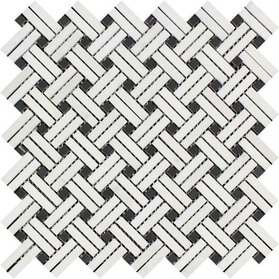 Thassos White Marble Polished Stanza Basketweave Mosaic Tile w/ Black Dots-Marble Mosaic-American Tile Depot