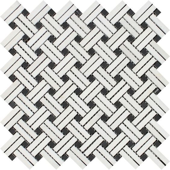 Thassos White Marble Polished Stanza Basketweave Mosaic Tile w/ Black Dots-Marble Mosaic-American Tile Depot