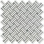 Thassos White Marble Polished Stanza Basketweave Mosaic Tile w/ Ming Green Dots-Marble Mosaic-American Tile Depot