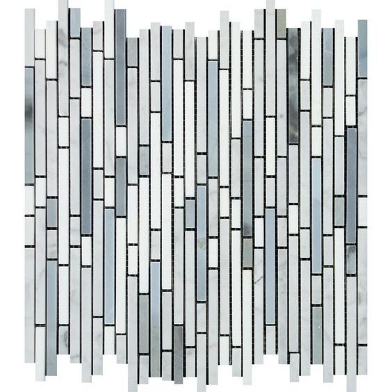 Thassos White Marble Polished Tricolor ( Thassos +Carrara + Blue-Gray ) Bamboo Sticks Mosaic-Marble Mosaic-American Tile Depot