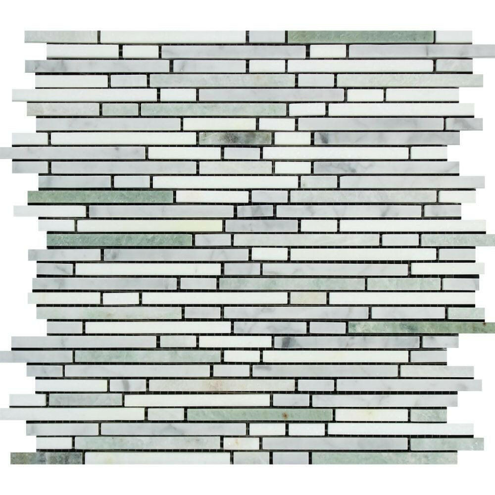 Thassos White Marble Polished Tricolor ( Thassos +Carrara +Ming-Green ) Bamboo Sticks Mosaic-Marble Mosaic-American Tile Depot