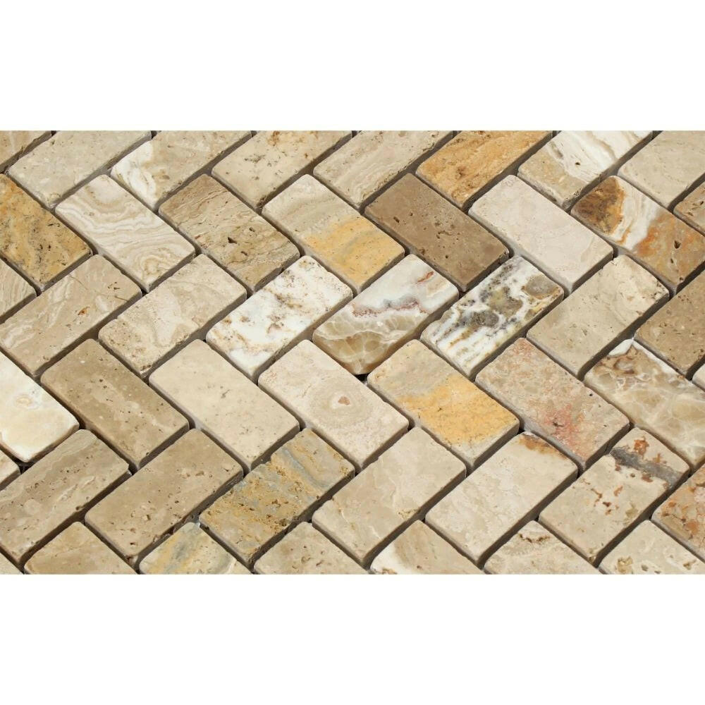 Valencia Travertine Tumbled 1 X 2 Herringbone Mosaic Tile-Travertine Mosaic-American Tile Depot