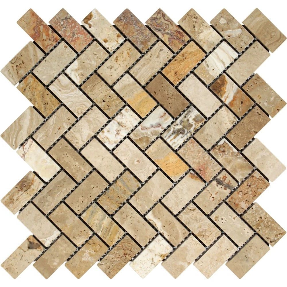 Valencia Travertine Tumbled 1 X 2 Herringbone Mosaic Tile-Travertine Mosaic-American Tile Depot