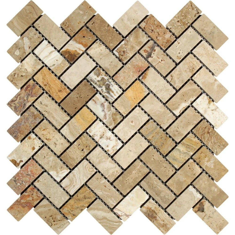 Valencia Travertine Tumbled 1 X 2 Herringbone Mosaic Tile-Travertine Mosaic-American Tile Depot