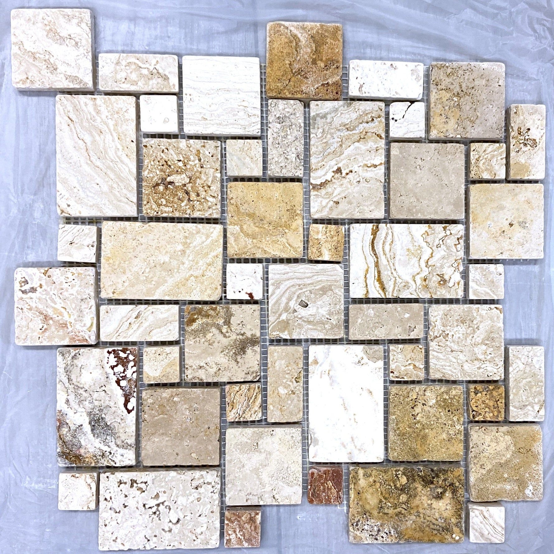 Valencia Travertine Tumbled Micro-Pattern (Mini Versailles) Mosaic Tile-Travertine Mosaic-American Tile Depot