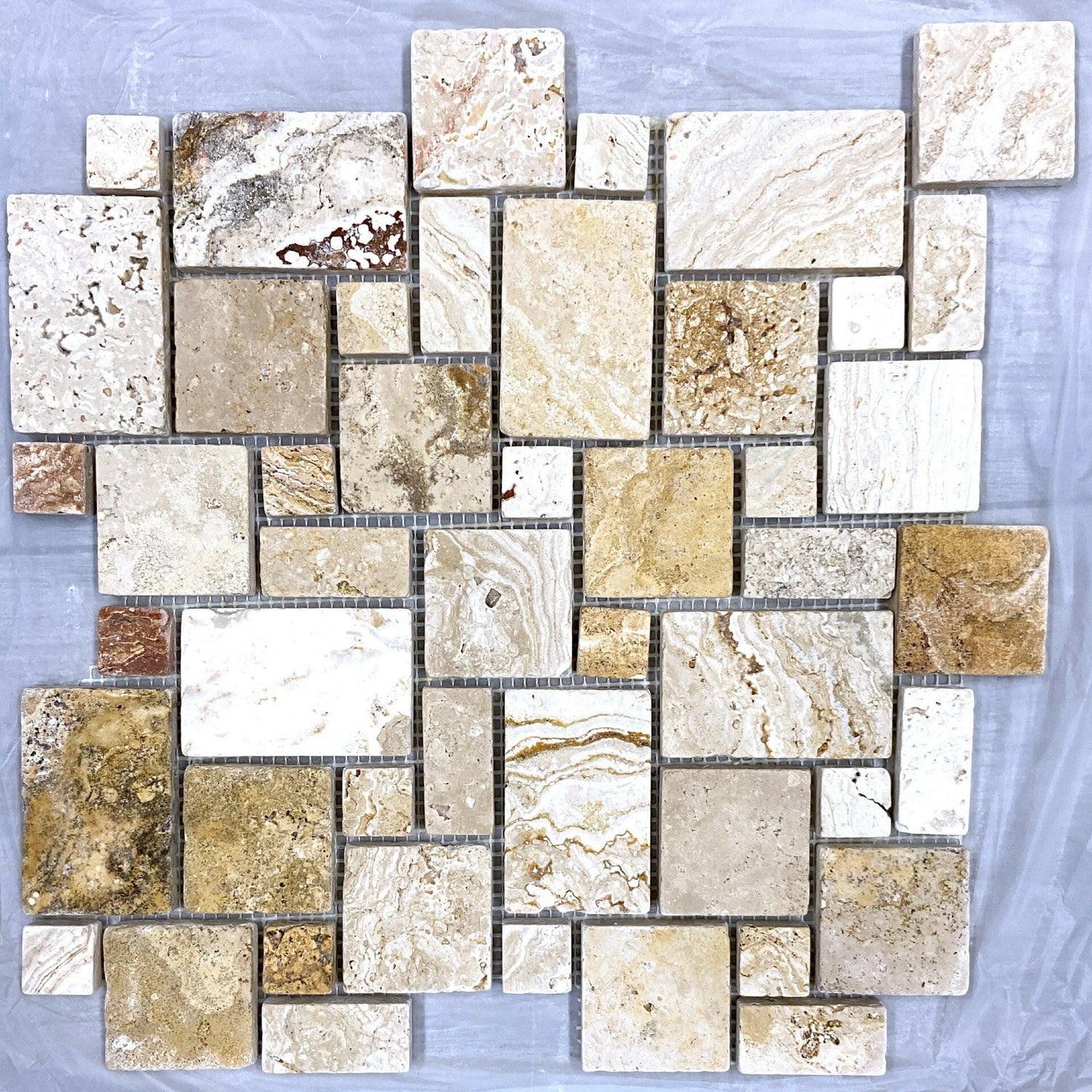 Valencia Travertine Tumbled Micro-Pattern (Mini Versailles) Mosaic Tile-Travertine Mosaic-American Tile Depot