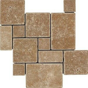 Walnut Travertine 4-Pieced OPUS Mini-Pattern Tumbled Mosaic Tile-Travertine Mosaic-American Tile Depot