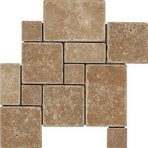 Walnut Travertine 4-Pieced OPUS Mini-Pattern Tumbled Mosaic Tile-Travertine Mosaic-American Tile Depot