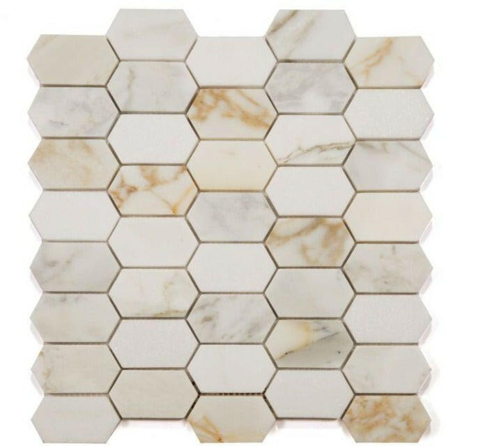 Zeta Calacatta Gold Honed Elongated Hexagon Marble Mosaic Tile-Marble Mosaic-American Tile Depot