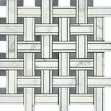 Calacatta Gold Marble Honed Triple Weave Mosaic Tile w / Blue Gray Dots