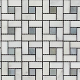 Oriental White / Asian Statuary Marble Polished Pinwheel Mosaic Tile w/ Blue Gray Dots