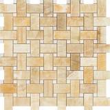 Honey Onyx Polished Basketweave Mosaic Tile w / White Dots