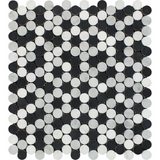 Carrara White Marble Honed Penny Round Mosaic Tile w / Black Dots