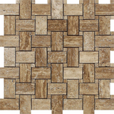 Noce Exotic Travertine (Vein-Cut) Polished & Unfilled Basketweave Mosaic Tile