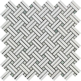 Thassos White Marble Polished Stanza Basketweave Mosaic Tile w/ Ming Green Dots