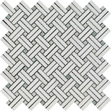 Thassos White Marble Polished Stanza Basketweave Mosaic Tile w/ Ming Green Dots