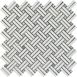 Thassos White Marble Honed Stanza Basketweave Mosaic Tile w/ Ming Green Dots