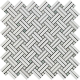 Thassos White Marble Honed Stanza Basketweave Mosaic Tile w/ Ming Green Dots