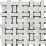 Oriental White / Asian Statuary Marble Honed Basketweave Mosaic Tile w/ Blue Gray Dots