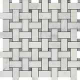 Oriental White / Asian Statuary Marble Honed Basketweave Mosaic Tile w/ Blue Gray Dots