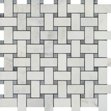 Oriental White / Asian Statuary Marble Honed Basketweave Mosaic Tile w/ Blue Gray Dots