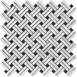 Oriental White / Asian Statuary Marble Honed Stanza Basketweave Mosaic Tile w / Black Dots