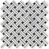 Oriental White / Asian Statuary Marble Polished Stanza Basketweave Mosaic Tile w / Black Dots