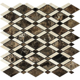 Emperador Dark Marble Polished Lattice Mosaic Tile w/ Crema Marfil Stripe