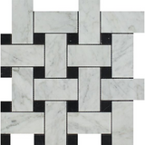 Carrara White Marble Honed Large Basketweave Mosaic Tile w/ Black Dots