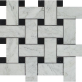 Carrara White Marble Honed Large Basketweave Mosaic Tile w/ Black Dots