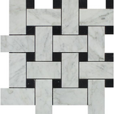 Carrara White Marble Honed Large Basketweave Mosaic Tile w/ Black Dots