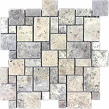 Silver Travertine Tumbled Micro-Pattern (Mini Versailles) Mosaic Tile