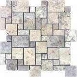 Silver Travertine Tumbled Micro-Pattern (Mini Versailles) Mosaic Tile